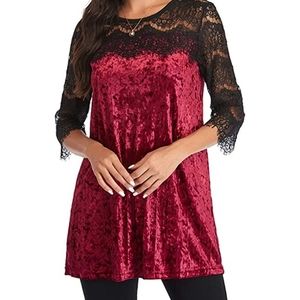 Burgundy red velvet tunic with 3/4 lace sleeves